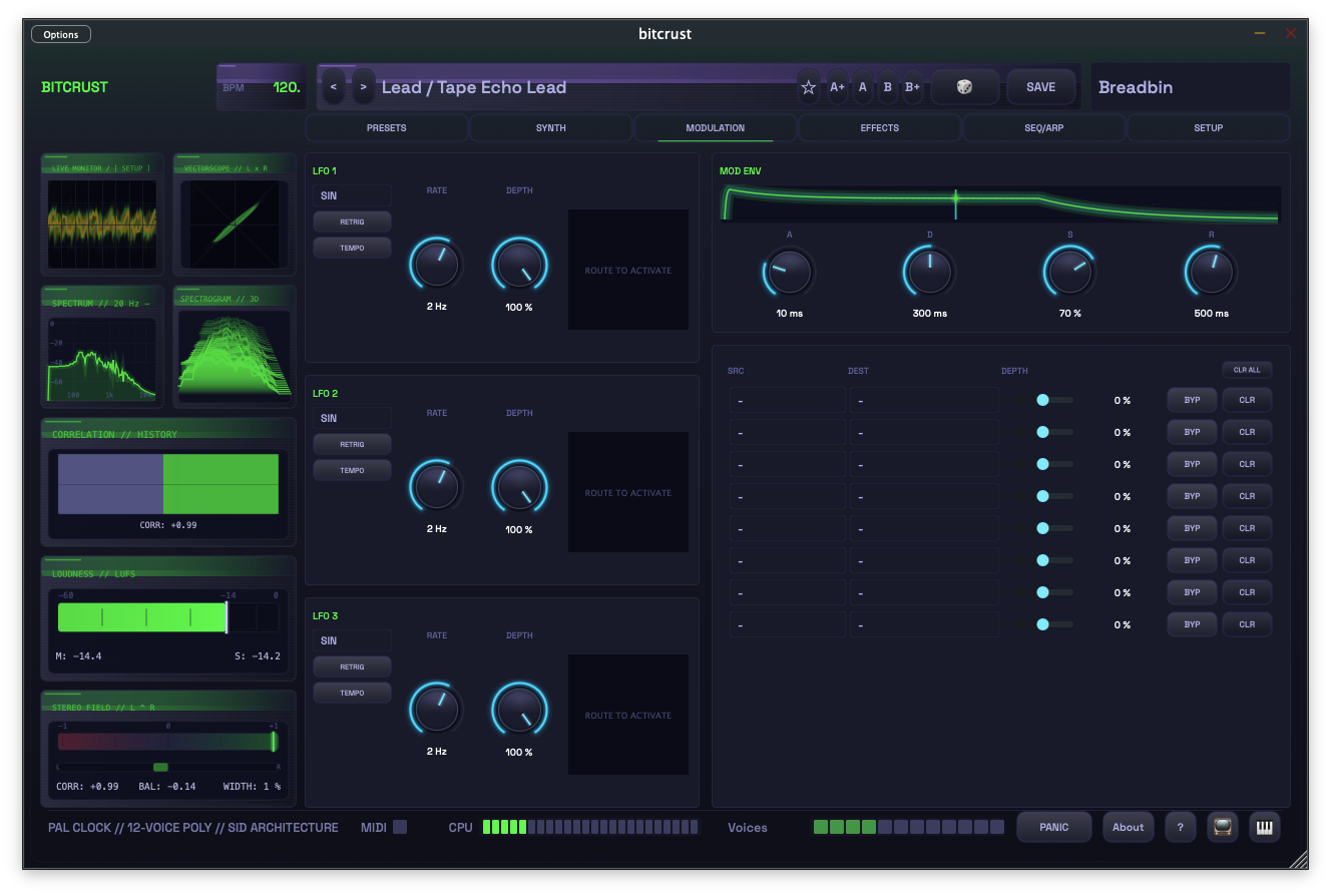 Modulation panel — 8-slot matrix, three LFO sections, and mod envelope