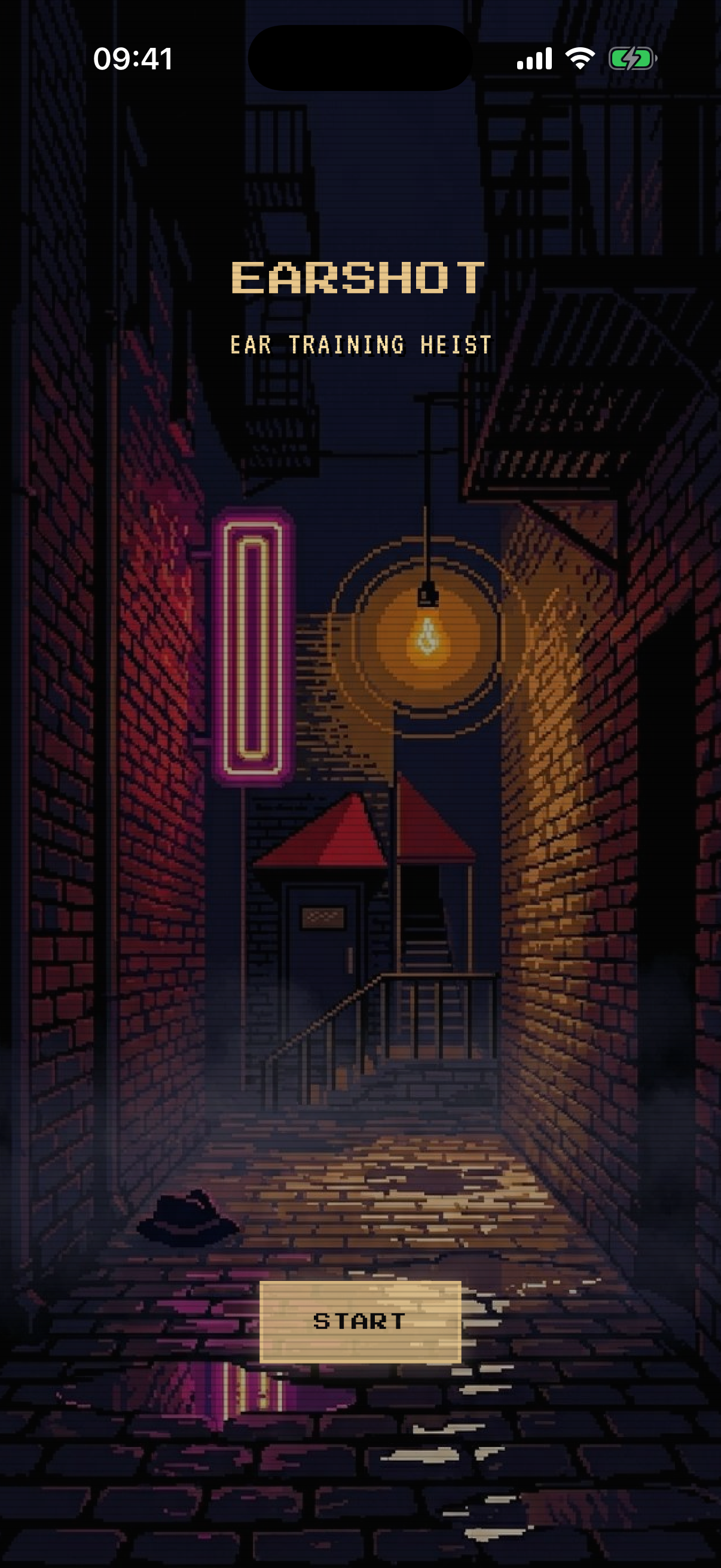 Earshot — pixel-art noir alley with a basement jazz-club door at the end, EARSHOT title in warm cream type